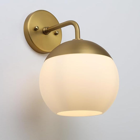Modern Glass Wall Sconce with Frosted Globe Lampshade, Metal Base Industrial Wall Light Fixture, Indoor Wall Mounted Lamp for Vanity Bathroom Bedroom Living Room
