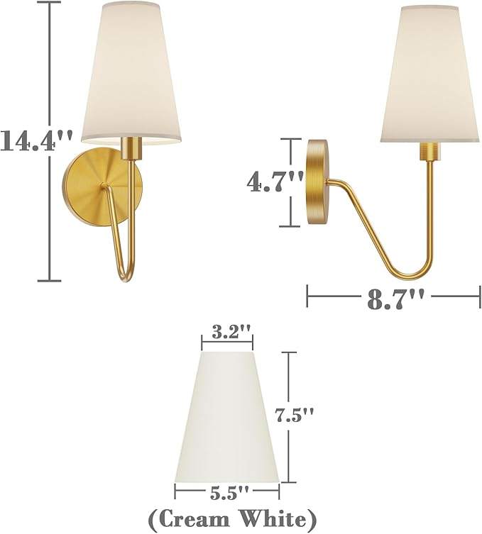 Electro bp;Single Head Classic 1 Light Wall Sconce Lighting Fixture Gold with Cream White Linen Fabric Lamp Shades E12 40W Hardwired (Set of 2);
