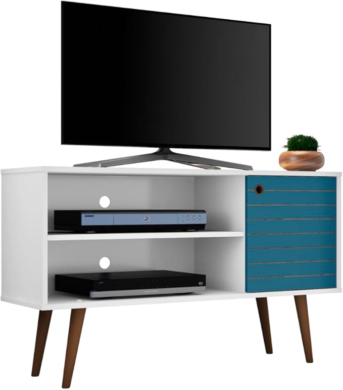Manhattan Comfort Liberty Mid Century Modern TV Stand for Televisions up to 46 Inches, Bedroom and Living Room Entertainment Center with Storage, Shelves, and Cabinet, 43" Wide, White/Aqua Blue