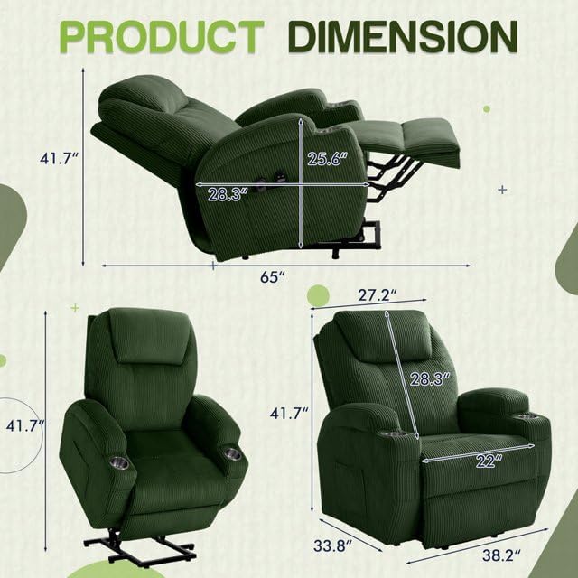 Electric Power Lift Recliner Chair with Massage for Elderly Corduroy Fabric Recliner Single Sofa with Cup Holders, Side Pockets and Remote Control for Living Room Bedroom (Green)