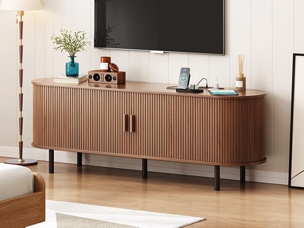 63" TV Stand with Power Outlet for TVs up to 70 Inch, Entertainment Center with Storage and Adjustable Shelves, Modern Media Console with Sliding Doors for Living Room, Walnut