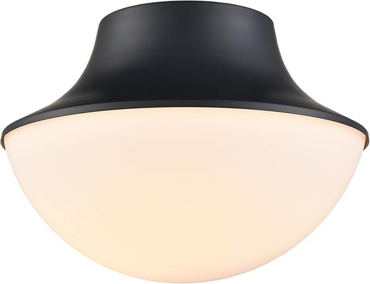 Modern Matte Black Semi Flush Mount Ceiling Light Fixture Industrial Metal Round Bowl Shape Milk Glass Light Fixture Ceiling Mount for Bathroom Bedroom Hallway Office Living Room