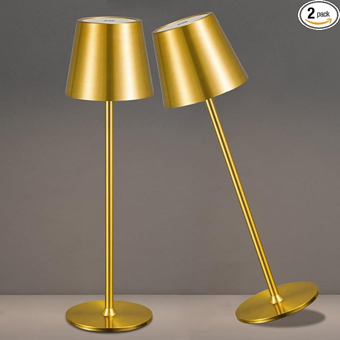 2 Pack Cordless Table Lamps,Portable LED Desk Lamp, 5000mAh Battery Operated Lamp, 3 Color Stepless Dimming Up, for Restaurant/Bedroom/Outdoor Party/Camping/Coffee Shop Night Light(Gold)