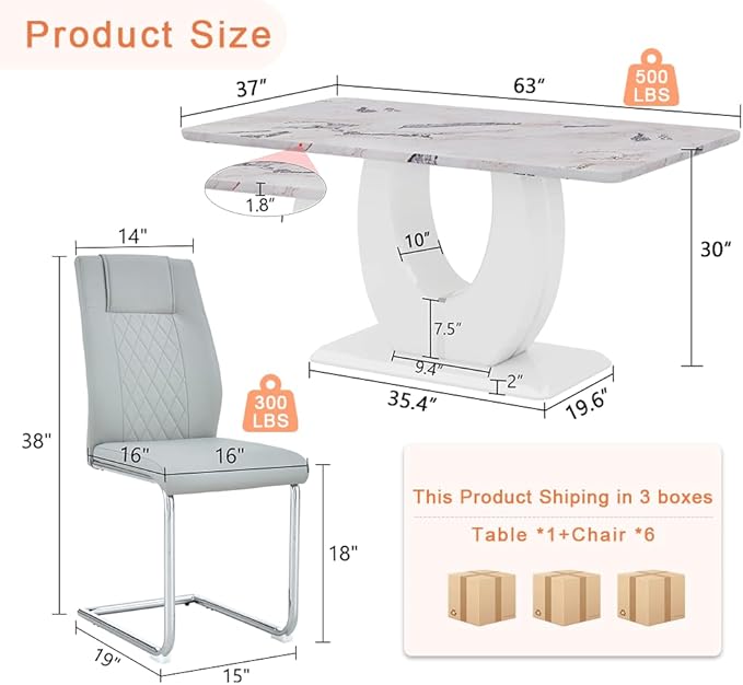 Dining Table Set for 6, Kitchen Table Chairs Set of 6, Modern Dining Room Set 63'' Faux Marble Dinner Table PU Leather Upholstered Chairs for Kitchen