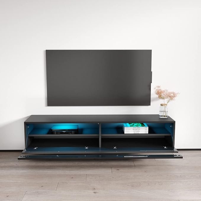Meble Furniture Fly Type-35 Floating TV Stand - Rectangular Shape Modern High Gloss TV Stand with Storage Cabinets & Led Lights - Media Entertainment Center Console Table for TV Up to 70" - Black