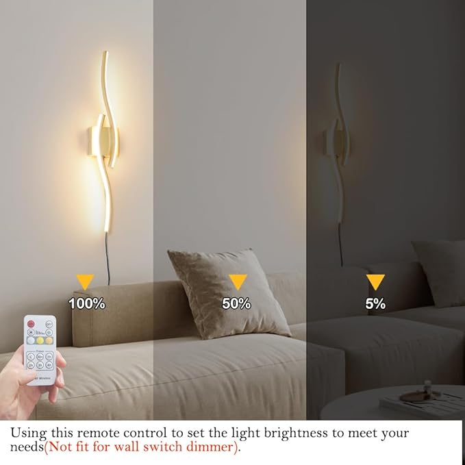 Modern Gold Plug in Wall Sconce Set of 2, Indoor Dimmable Light Fixture with Plug in Cord for Living Room, LED Sconces Lighting with Remote Control, Wall Lighting Decor for Hallway Bedroom