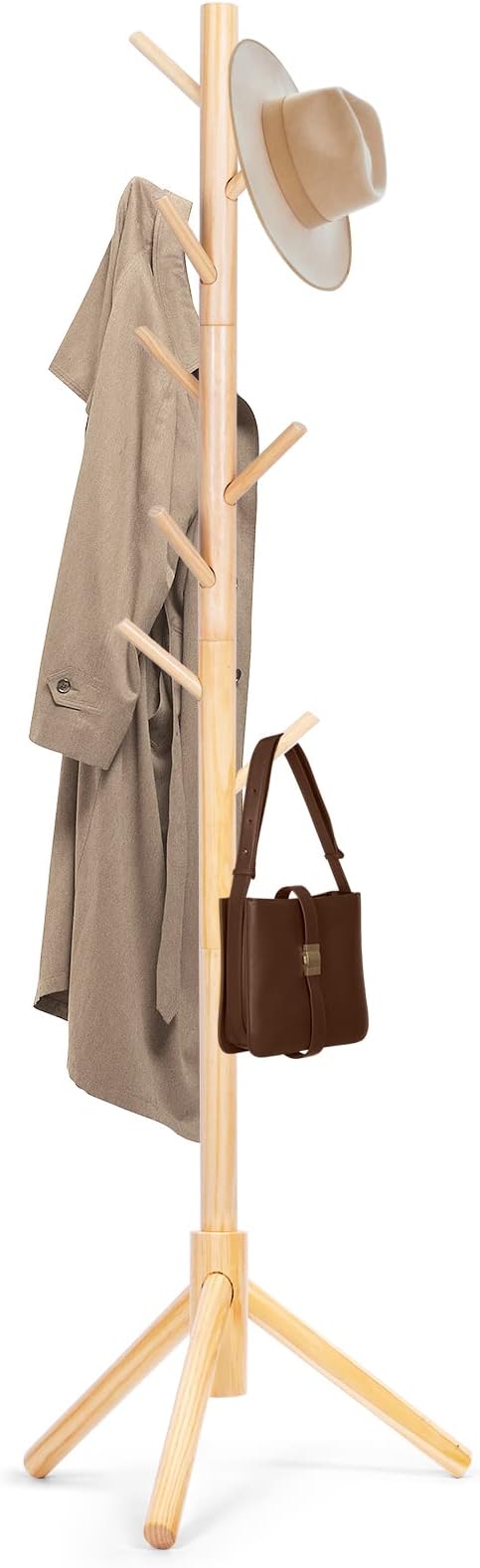 Solid Wooden Coat Rack Freestanding, New Zealand Pine Coat Tree with 8 Hooks & 3 Adjustable Sizes for Coats, Hats, Handbags and Scarves, Space Saving for Entryway/Office/Bedroom (Nature)