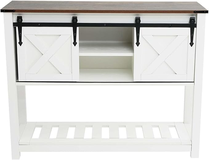 Farmhouse Entryway Table, 46" Hallway Table with Sliding Barn Doors, Rustic Sofa Table, Wood Console Table with Storage Shelf for Living Room, Entryway, Foyer (White)