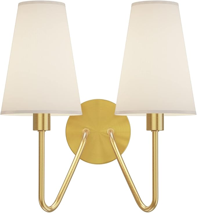 Electro bp;Double Head Classic 2 Lights Wall Sconces Lighting Fixture Polished Gold with Cream White Linen Fabric Lamp Shades E12 80W Hardwired;