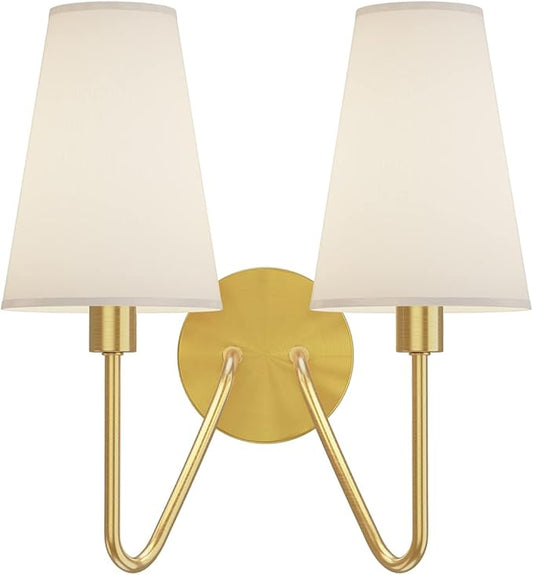 Electro bp;Double Head Classic 2 Lights Wall Sconces Lighting Fixture Polished Gold with Cream White Linen Fabric Lamp Shades E12 80W Hardwired;