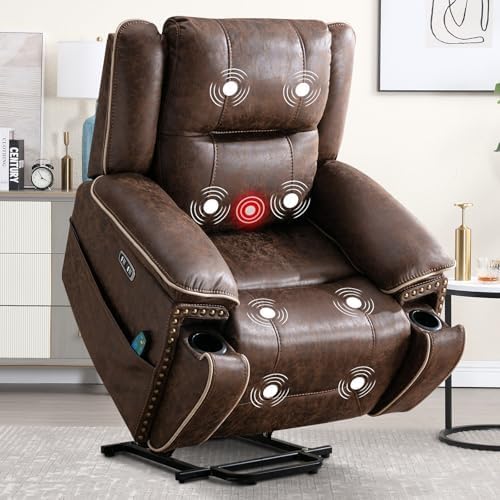 Phoenix Home Dual Motor Power Lift Chair for Elderly, Lift Chairs with Massage and Heat, Leather Electric Chairs for Adults, Recliner Chair with USB, 2 Concealed Cup Holders, Brown