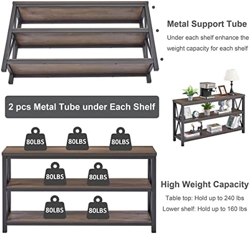 FATORRI Console Table for Entryway, Sofa Tables Behind Couch, Rustic Wood and Metal Foyer Table with 3 Tier Shelves for Hallway Living Room, Front Door (55 Inch, Walnut Brown)