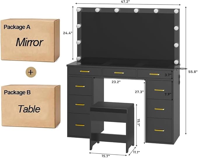 Likein Vanity Desk with Mirror and Lights & Power Strip, Glasstop Vanity Makeup Desk Set with 9 Drawers for Women Girls, Lights Adjustable Large Hollywood Mirror Dressing Table with Chair for Bedroom