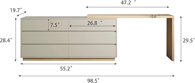 Modern Expandable L-Shaped Vanity Desk with 6 Drawers, Adjustable Computer Table for Home Office, Study, Writing, Gaming, and Bedroom Makeup, Beige, 56-98.5 ″