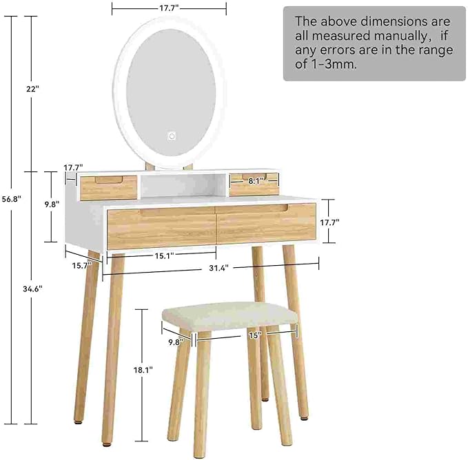 YOURLITE Makeup Vanity Desk with Lights, Small Vanity with Adjustable Brightness Mirror for Small Spaces, Dressing Table with Drawers (31.5", Oval Mirror Wood)