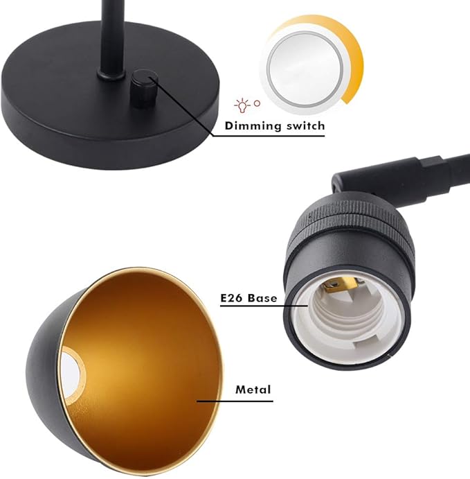 Yosoan Vintage Wall Sconce Bookcase Light, 2-Pack Dimmable On Off Switch Hardwired Industrial Mount Metal Fixture Lighting Lamp with 6.1" Oval Black Metal Shade in-Build Gold Reading Light for Bed