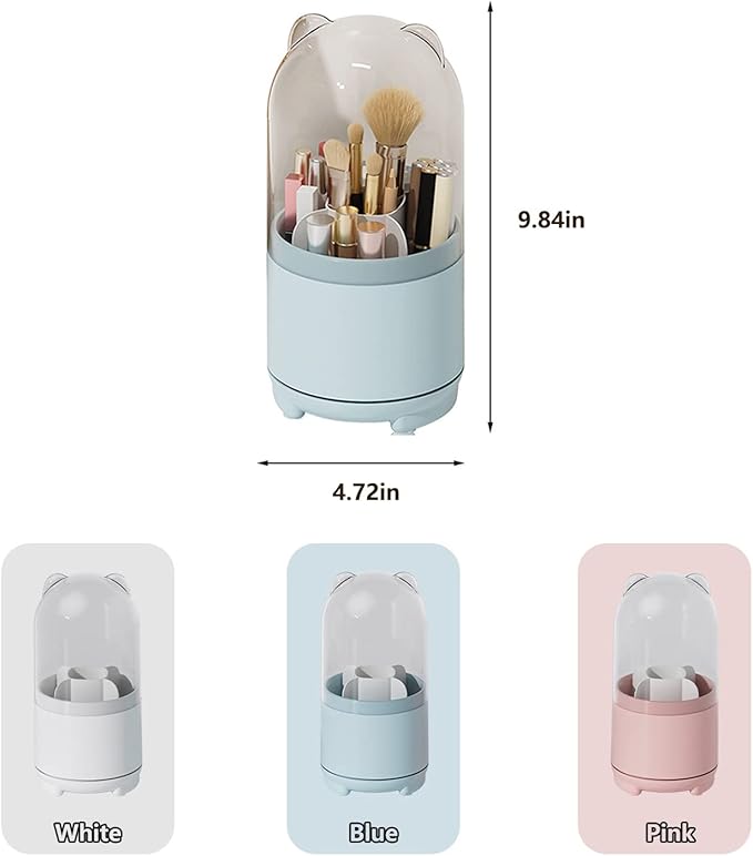 Cute Makeup Brush Holder Organizer with Lid, Rotating Dustproof Make Up Brushes Container with Clear Acrylic Cover for Vanity Desktop Bathroom Countertop