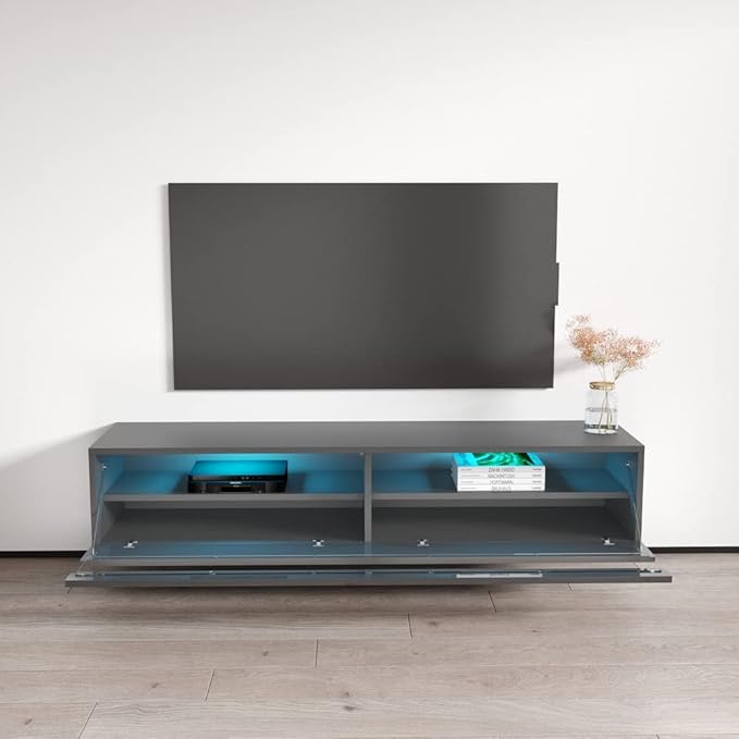 Meble Furniture Fly Type-35 TV Stand - Rectangular Shape Modern High Gloss TV Stand with Storage Cabinets & LED Lights - Media Entertainment Center Console Table for TV Up to 70" - Gray