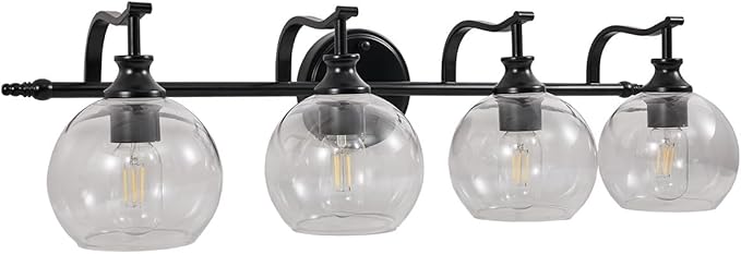 ANDY STAR 4 Light Bathroom Vanity Lights, Matte Black Bathroom Light with Clear Globe Glass Lampshade, 30.5 Inch Industrial Wall Lamp, E26 Base, Bulbs Not Included