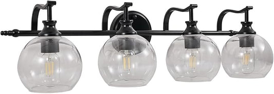 ANDY STAR 4 Light Bathroom Vanity Lights, Matte Black Bathroom Light with Clear Globe Glass Lampshade, 30.5 Inch Industrial Wall Lamp, E26 Base, Bulbs Not Included