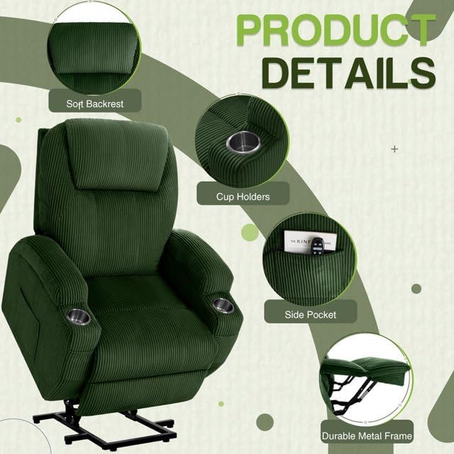 Electric Power Lift Recliner Chair with Massage for Elderly Corduroy Fabric Recliner Single Sofa with Cup Holders, Side Pockets and Remote Control for Living Room Bedroom (Green)