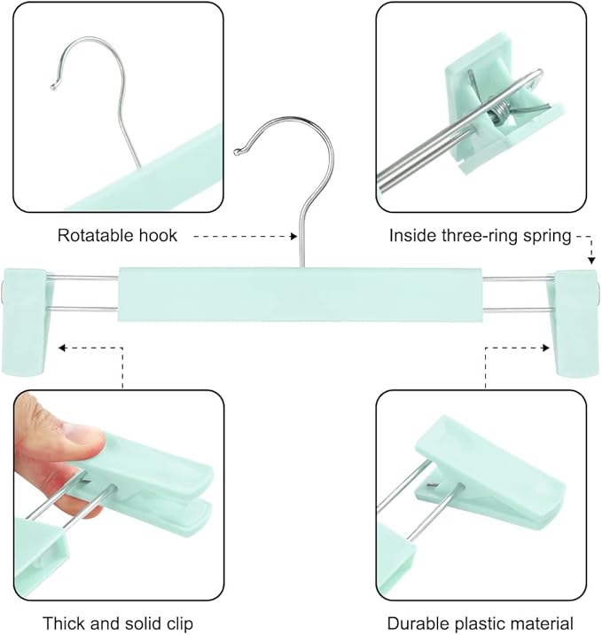 Clothes Pants Hangers, Space-Saving Skirt Holders with 360 ° Swivel Hooks, Adjustable Clips, Trouser Hangers, Clothes Coat Garment Jeans Hangers (10 Pack, Green)