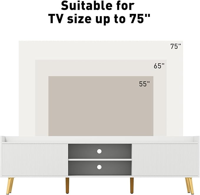 Bonzy Home 70'' Fluted TV Stand Modern Entertainment Center with Sliding Doors & Storage for up to 75'' TV, Media TV Console for Living Room & Bedroom, White