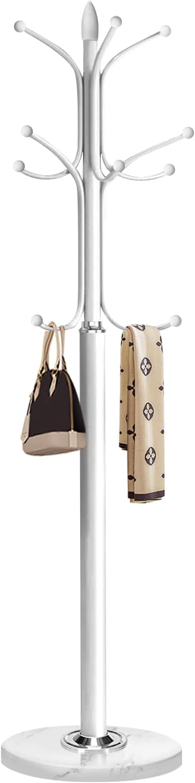 Metal Coat Rack Stand with Natural Marble Base, Coat Rack Freestanding, Free Standing Hall Tree with 12 Hooks for Hanging Clothes, Bags, Scarfs, Coat Hanger for Entryway, Hallway (White)