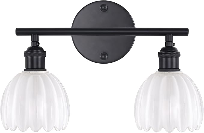 Bathroom Light Fixtures, 2-Light Black Vanity Wall Light Over Mirror with White Tulip Glass Shade for Bedroom Living Room