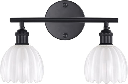 Bathroom Light Fixtures, 2-Light Black Vanity Wall Light Over Mirror with White Tulip Glass Shade for Bedroom Living Room