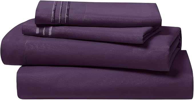 Clara Clark Bed Sheets, Premier 1800 Series 4 Piece Bed Sheet Set, Deep Pocket, Wrinkle, Fade, Stain Resistant, Luxury Soft Bedding Sheets & Pillowcases, Twin, Purple Eggplant