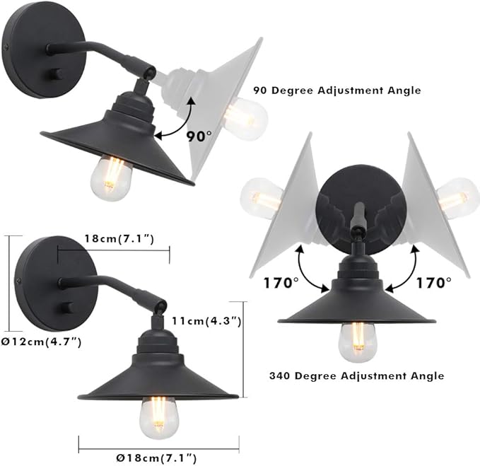 Yosoan Set of 2 Indoor Bedside Wall Sconce with On Off Switch, Hardwired Vanity Vintage Wall Mount Light Fixture, 340 Degree Angle with 7.1" Matte Black Shade Lamp for Reading Bedroom Sink(Black)
