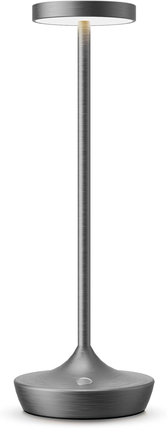 Cordless Table Lamp, Rechargeable Battery Operated LED Desk Lamp, 3-Color Stepless Dimming, Portable & Waterproof, for Restaurants, Bedrooms, Bars, Outdoor Parties, Camping, and Cafes (Gray)