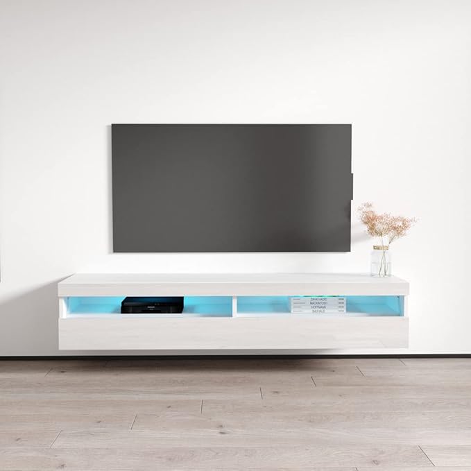 Meble Furniture Fly Type-35 Floating TV Stand - Rectangular Shape Modern High Gloss TV Stand with Storage Cabinets & Led Lights - Media Entertainment Center Console Table for TV Up to 70" - White