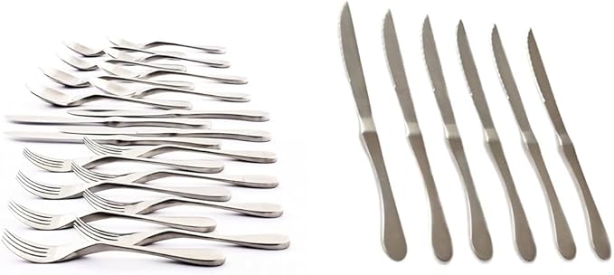 Knork Original Collection Cutlery Utensils 18/10 Stainless Steel Flatware Set, 20 Piece, Matte Silver & 6-Piece Matte Original Stainless Steel Serrated Dinner Knives