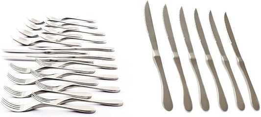 Knork Original Collection Cutlery Utensils 18/10 Stainless Steel Flatware Set, 20 Piece, Matte Silver & 6-Piece Matte Original Stainless Steel Serrated Dinner Knives