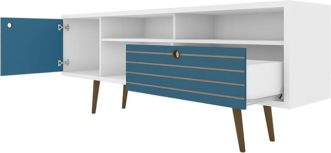 Manhattan Comfort Liberty Mid Century Modern TV Stand for Televisions up to 65 Inches, Bedroom and Living Room Entertainment Center with Storage, Shelves, and Cabinet, 71" Wide, White/Aqua