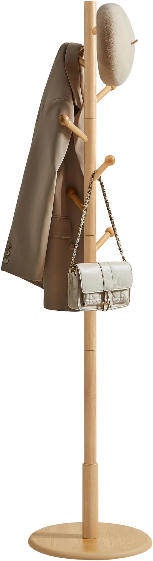 VASAGLE Solid Wood Coat Rack, Free Standing Hall Coat Tree with 7 Hooks, 3 Height Options, for Coats, Hats, Bags, Purses, for Entryway, Hallway, Rubberwood Hooks and Pole, Natural Beige URCR007N01