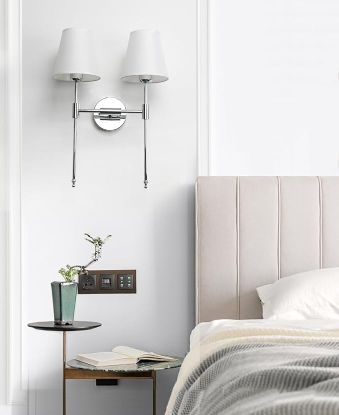 PERMO Classic Rustic Double Sconce 2 Lights Wall Sconce Lighting Fixture with Flared White Textile Lamp Shade (Chrome)