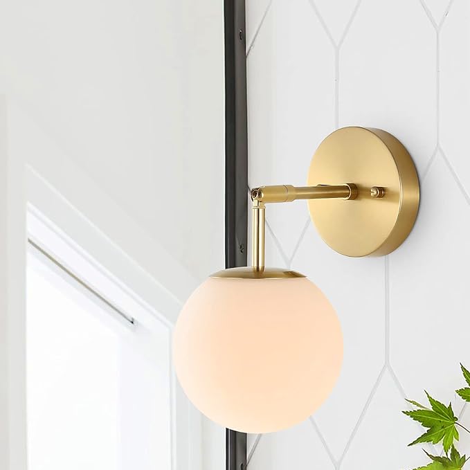Modern Wall Sconce Industrial Mid Century Bathroom Vanity Wall Light with White Globe Glass Lampshade Brushed Brass Finished Lighting Fixture (Gold Color)