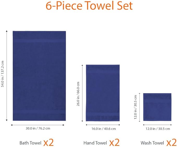 Amazon Basics 6 Piece Oversized Fade resistant Towel set, 100% Cotton towels for bathroom, soft and absorbent, 2 Bath Towels, 2 Hand Towels and 2 Washcloths bathroom towel set, Navy Blue