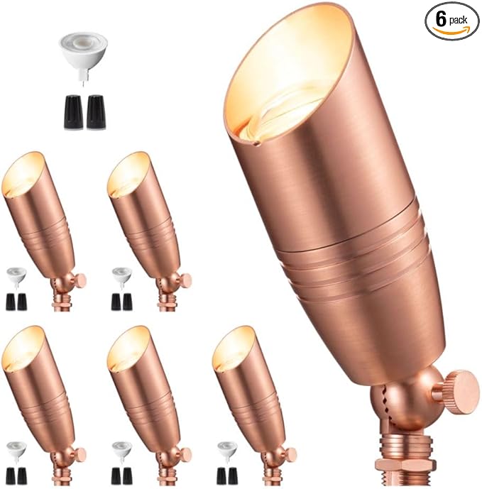 Low Voltage Spot Lights - Solid Brass Landscape Spotlight Wired, 12V Outdoor LED Bullet Uplights, Waterproof Electric Copper for Patio Wall with 5000K Daylight MR16 Bulb (6 Pack)