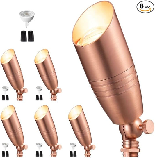 Low Voltage Spot Lights - Solid Brass Landscape Spotlight Wired, 12V Outdoor LED Bullet Uplights, Waterproof Electric Copper for Patio Wall with 5000K Daylight MR16 Bulb (6 Pack)