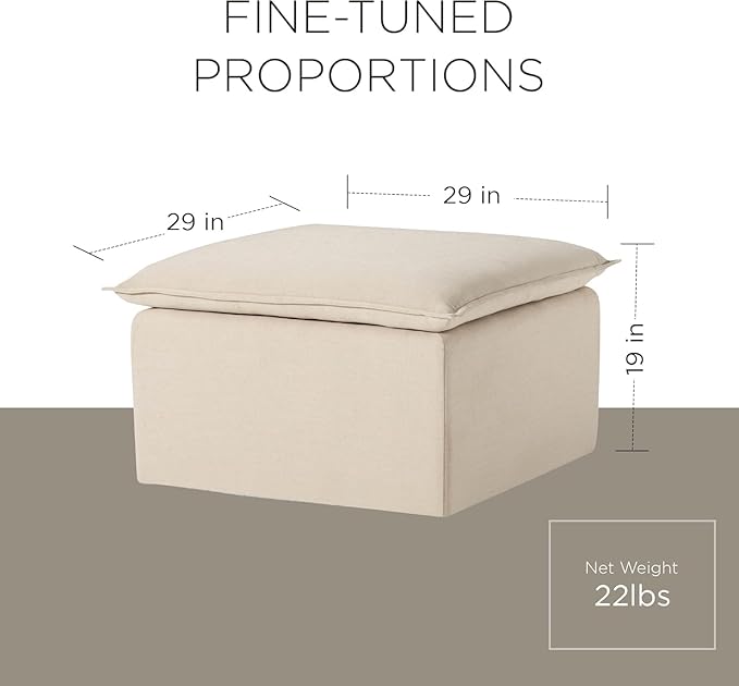 Maven Lane Claude Large Square Rustic Upholstered Ottoman, Cushioned Footrest for Living Room Couch, Chair, or Dorm Room in Taupe Fabric Upholstery