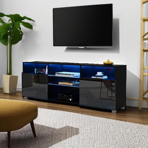St.Mandyu LED TV Stand for 65/75 inch TV, Modern Television Table Center Media Console with Drawer and Led Lights, High Glossy Entertainment Center for Living Game Room Bedroom(Black)¡