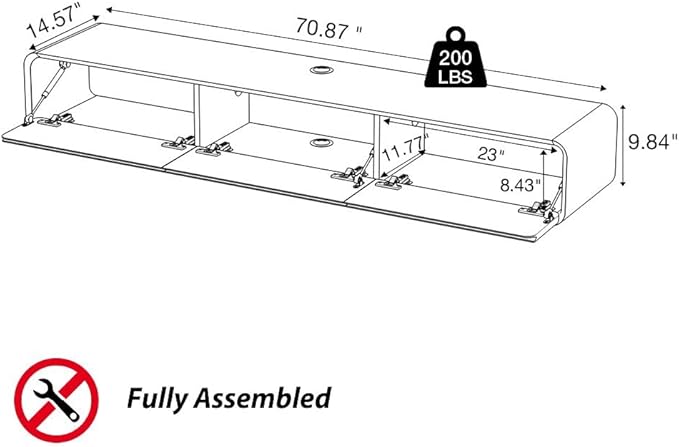 POVISON Fully-Assembled Minimalist Floating TV Stand, Modern Wall-Mounted Entertainment Center with 3 Flip-Down Cabinet Doors, Solid Wood Media Console, Walnut & Black, 70.87"