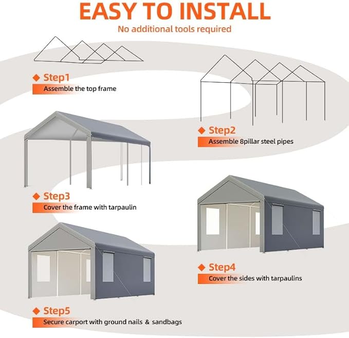 Carport, 12x20 ft Grey Heavy Duty Carport with Roll-up Windows, Portable Garage with Removable Sidewalls & Doors, Car Canopy and All-Season Tarp for Car Boat Truck Motorcycle