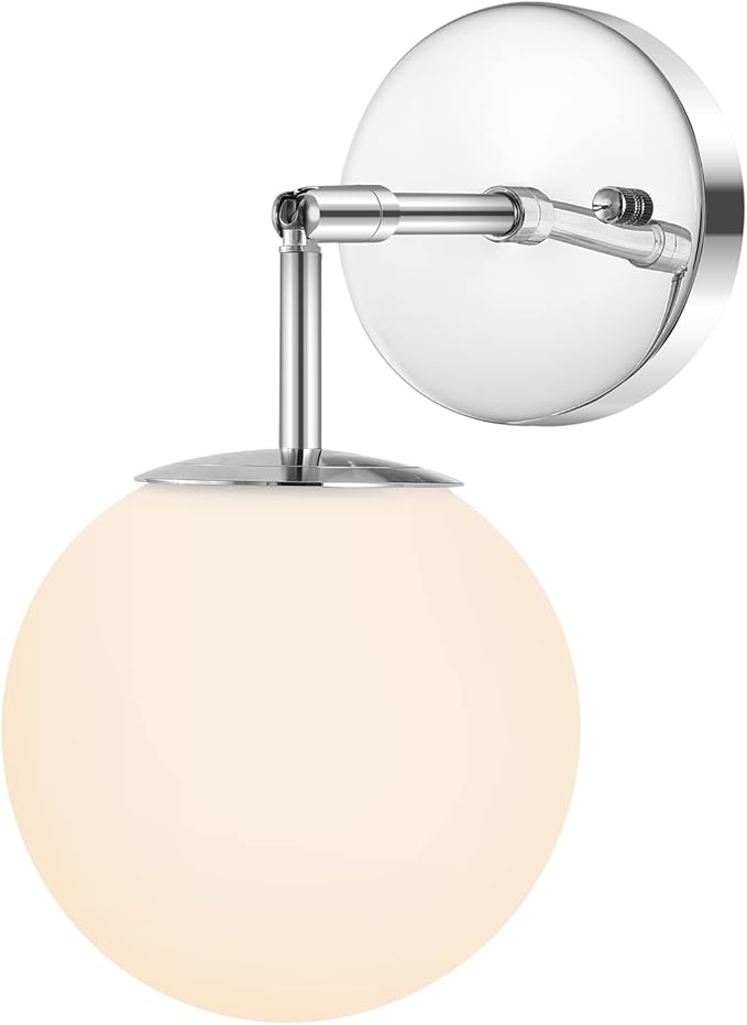 Modern Globe Wall Sconce Industrial Bathroom Vanity Wall Light with White Globe Glass Lampshade Elegant Mid Century Ball Lighting Fixture (Chrome Color)