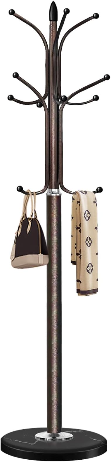 Metal Coat Rack Stand with Natural Marble Base, Coat Rack Freestanding, Free Standing Hall Tree with 12 Hooks for Hanging Clothes, Bags, Scarfs, Coat Hanger for Entryway, Hallway (Brown)