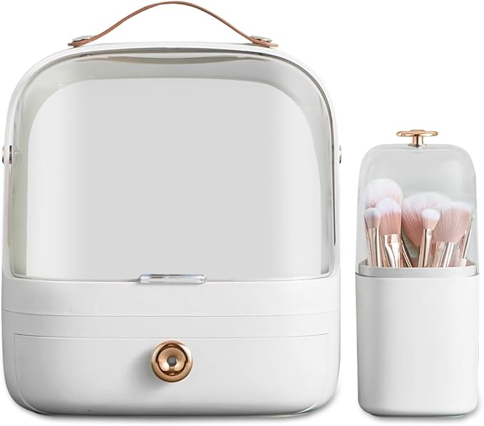 Ergocar Make Up Case Dustproof Cosmetics Skin Care Products Cosmetic Storage Box, Multi-Function Jewelry Organizer Case - White + Brush Holder